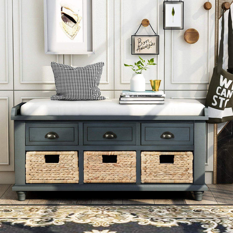 Storage Bench With 3 Drawers And 3 Rattan Baskets Removable Cushion For Entryway Hallway Front Door,, Grey