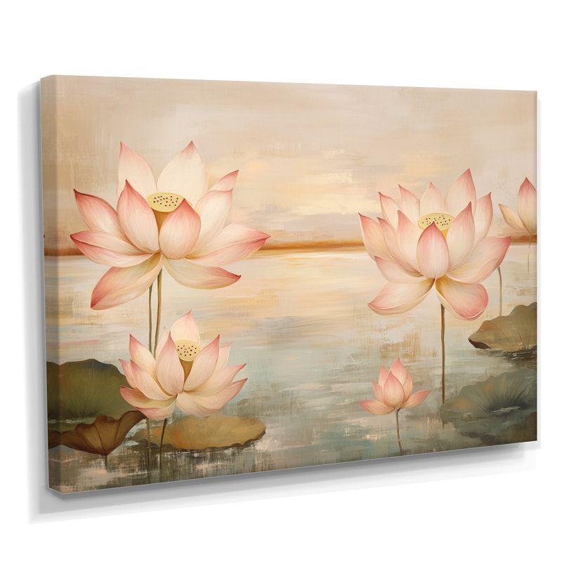 «Blush Lotus Horizon I», art mural sur toile botanique rose, H 34 po x l 44 po, Cadre naturel flottant