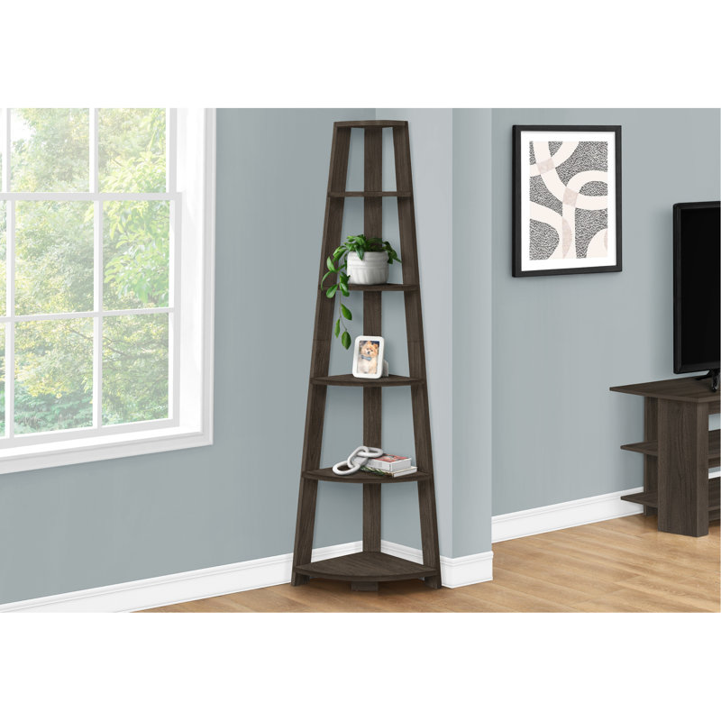 72"H 5 Tier Corner Bookcase In Brown Laminate, For Bedroom & Office Brilliance