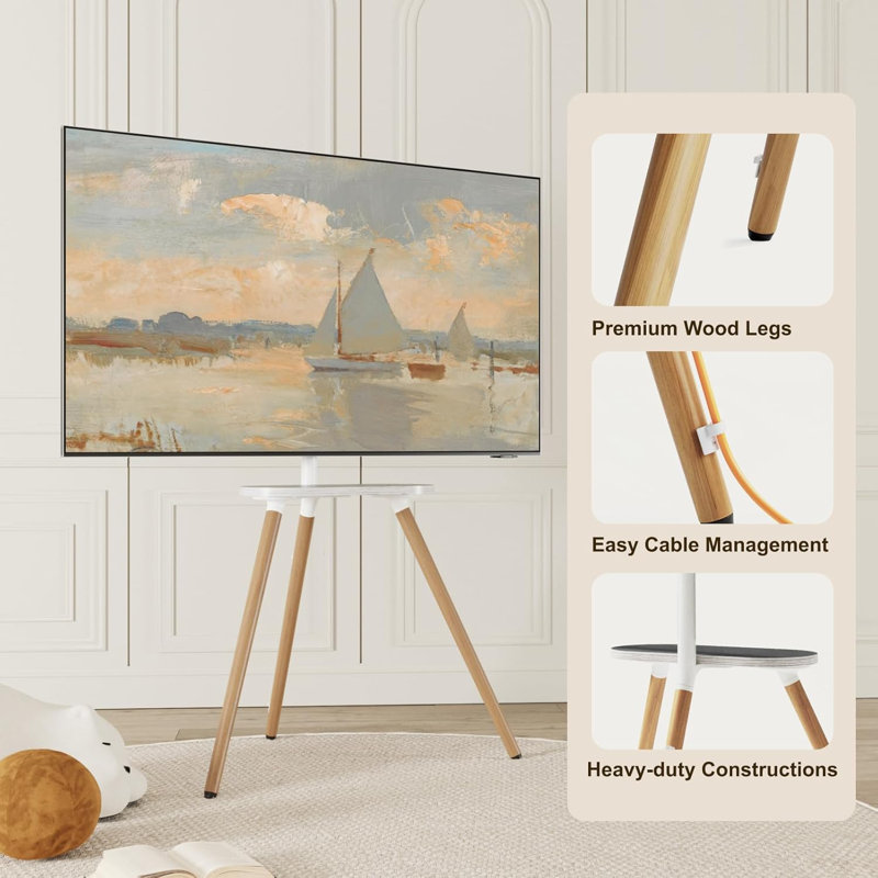 Tripod Easel TV Stand for 43-65" TVs, Height-Adjustable Swivel Corner Floor TV Stand with Wooden Tray