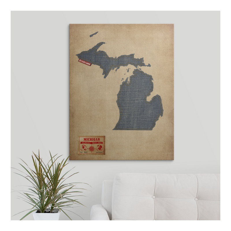 «Michigan Map Denim Jeans Style» par Bellen, impression, H 36 po x l 27 po x P 1,5 po, Toile
