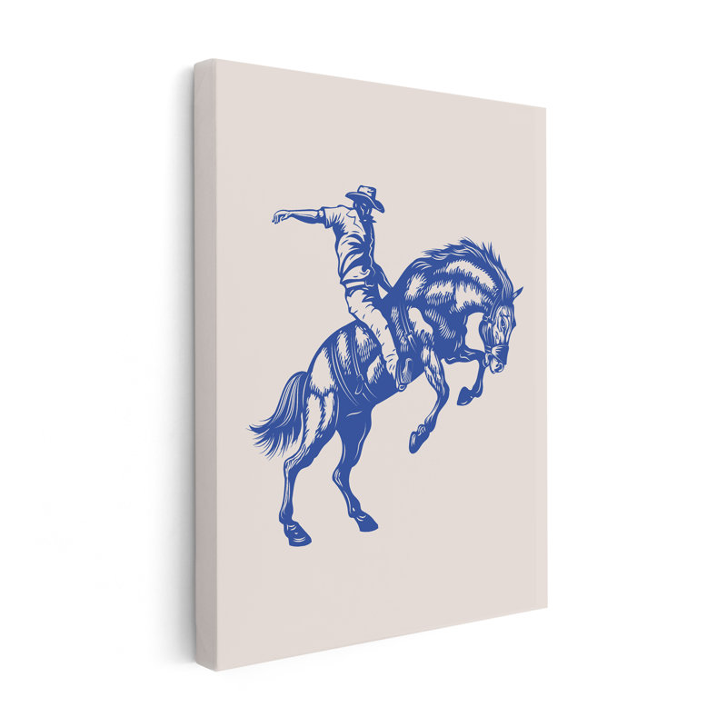 Blue Cowboy Bucking Horse, Canvas, 24"H x 32"W, White Framed