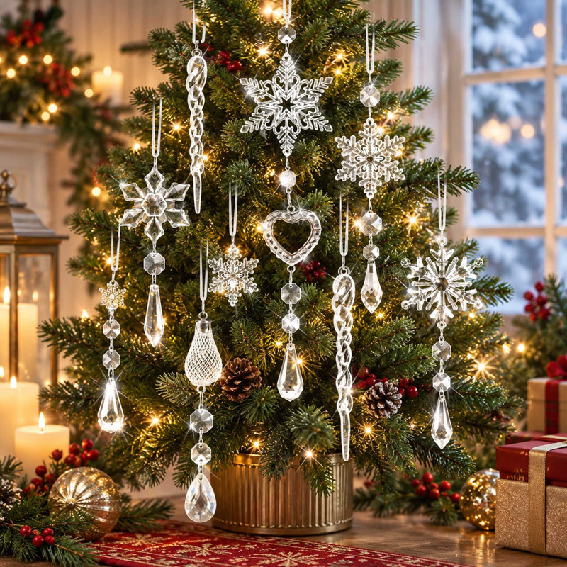 Ensemble de 21 décorations de Noël en acrylique transparent représentant des flocons de neige et des glaçons