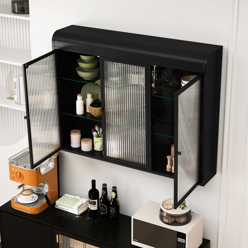 Armoire de rangement murale noire en verre arquée à 3 portes - Rehausse l'attrait de votre maison, polyvalente pour différents espaces, fabrication, installation facile vérifiée Ajoutez une touche de classe à divers