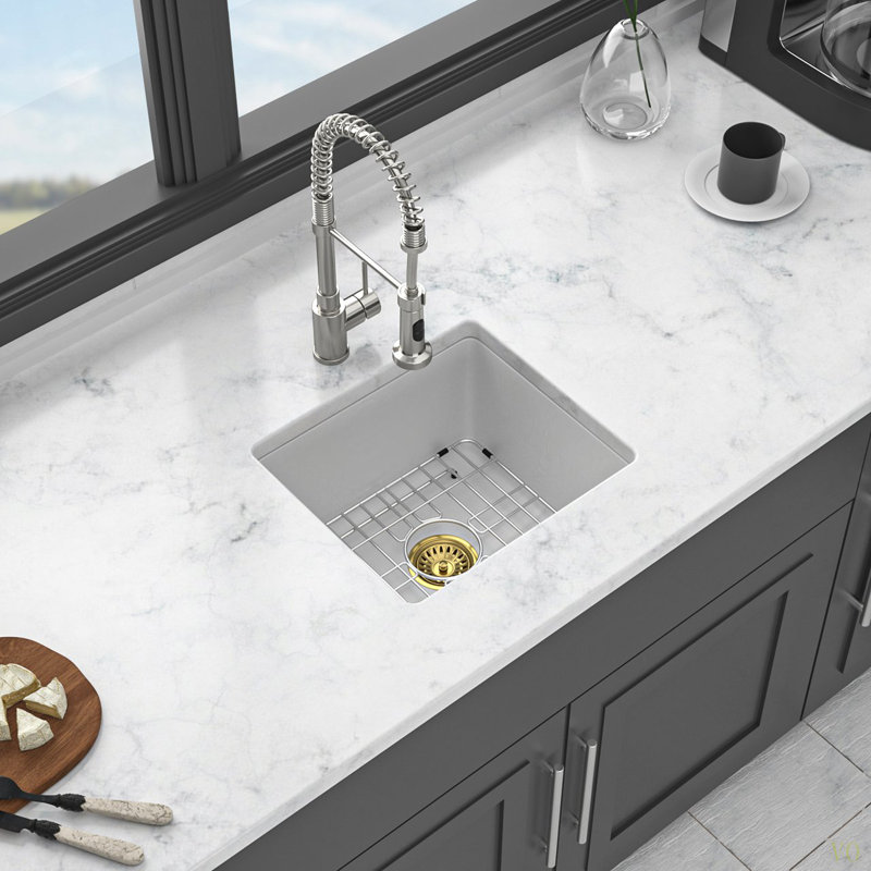 Évier de cuisine en quartz - Évier de cuisine encastré en composite de granite 17,71 po x 15,74 po, Blanc lustré