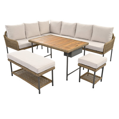 Ensemble de canapé modulaire d'extérieur en forme de L 6 pièces avec table glacière en bois d'acacia, sièges profonds et coussins épais, bancs en corde et ensemble de conversation de patio résistant aux rayons UV