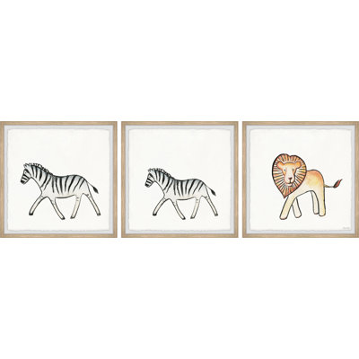 Galles rayées, ensemble de 3 zèbres et lion, impression encadrée