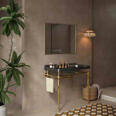 Lavabo de console de salle de bain 36 po, meuble-lavabo mural en céramique verte avec 3 trous de robinet pré-percés, pieds de support autoportants en acier inoxydable avec barre à serviettes, sans couvercle et couvercle de lavabo, couleur or