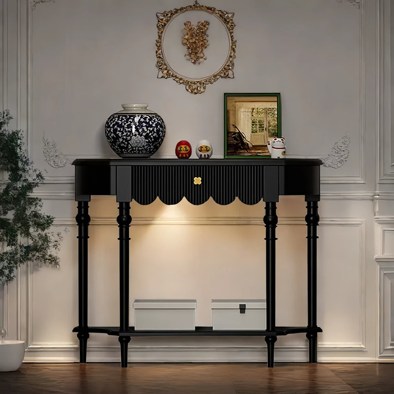 Armoire console en bois massif, Noir, noir, noir, noir, H 33,5 po x l 55,1 po x P 11,8 po