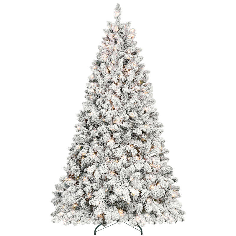Arbre de Noël floqué 4,5 pi avec 250 lumières UL et 24 pommes de pin naturelles - pointes en PVC enneigées, H 4,5 pi
