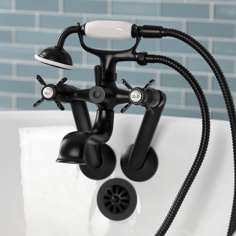 Kingston Brass Kingston Three-Handle 2-Hole Tub Wall Mount Clawfoot Tub Faucet with Hand Shower, Matte Black