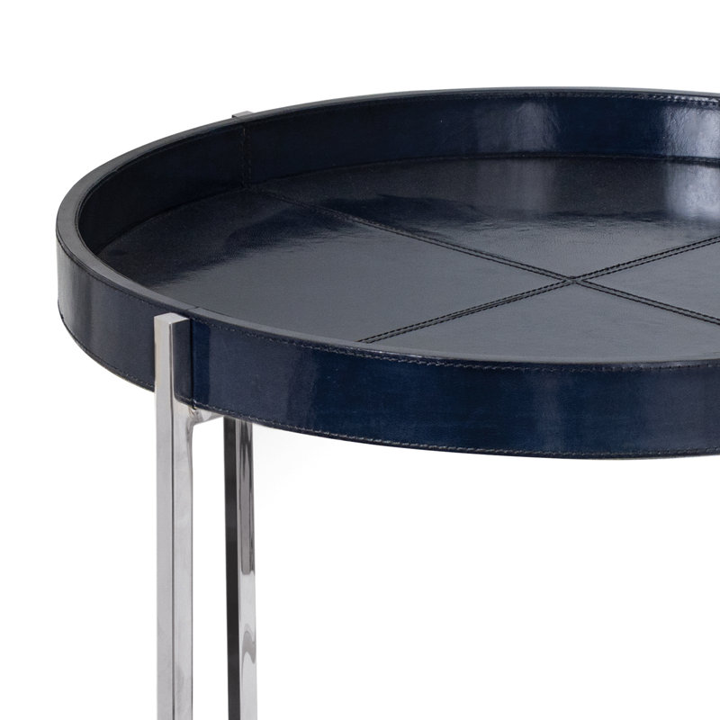 Round Blue Leather Tray Table with Polished Nickel Frame