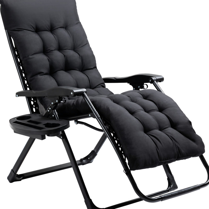 Slatted Wood Chair For Outdoor Relaxing, Breathable And Comfortable, Ideal Various Settings Folding Reclining Lounge With Padded Cushion, Side Tray, Indoor Leisure, Black