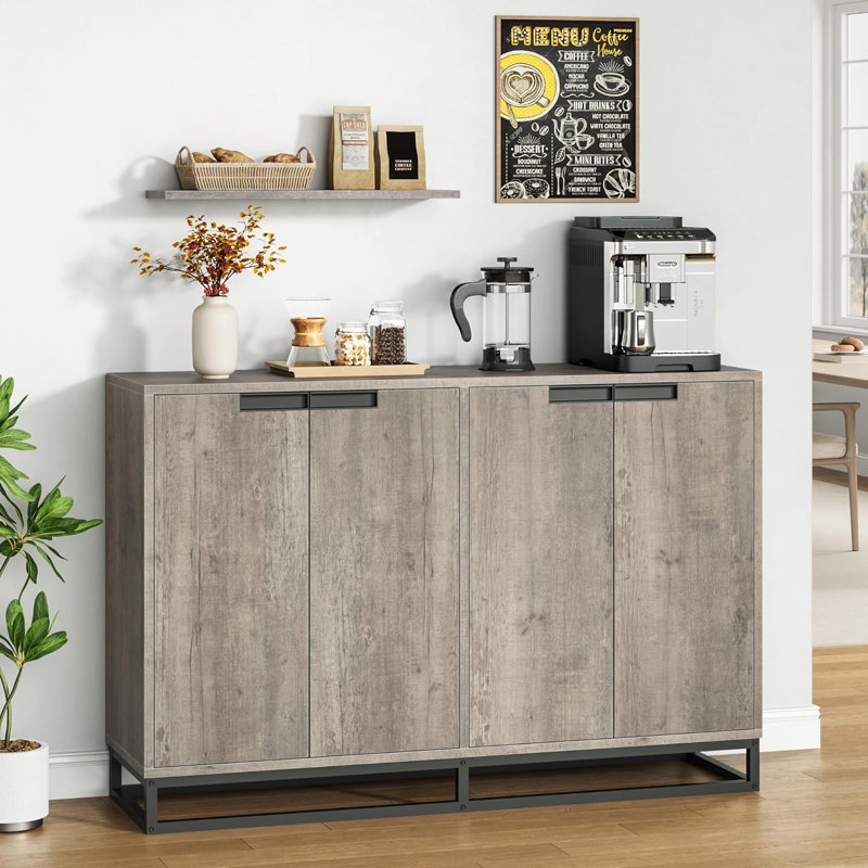 Buffet Sideboard Storage Cabinet, 55" Wide Entryway Console with 4 Doors & Adjustable Shelves, Modern Credenza, Storage Wood Coffee Bar Cabinet for Living Room, Dining Room, Kitchen, Grey