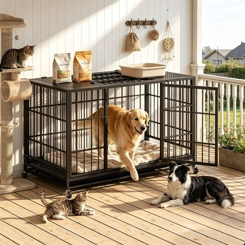 Caisse mobile pour chien avec chenilles verrouillables, H 35,84 po x l 47,65 po x P 31,11 po