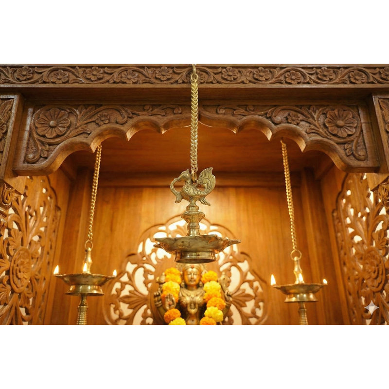 Lampe de paon suspendue 7 po en laiton - Plafond indien fait à la main pour un temple, un autel ou une décoration artistique