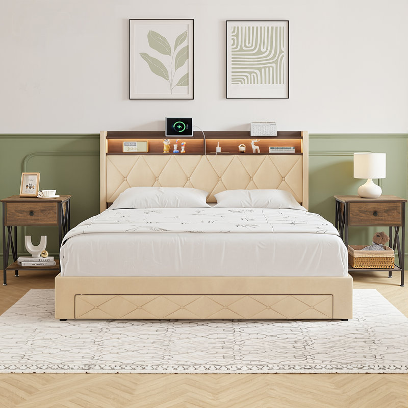 Ensemble de chambre à coucher 3 pièces avec lit de rangement rembourré et 2 tables de chevet, tête de lit bibliothèque avec lumières DEL, cadre de lit de station de charge, lit plateforme capitonné, ensemble de table de chevet industriel,