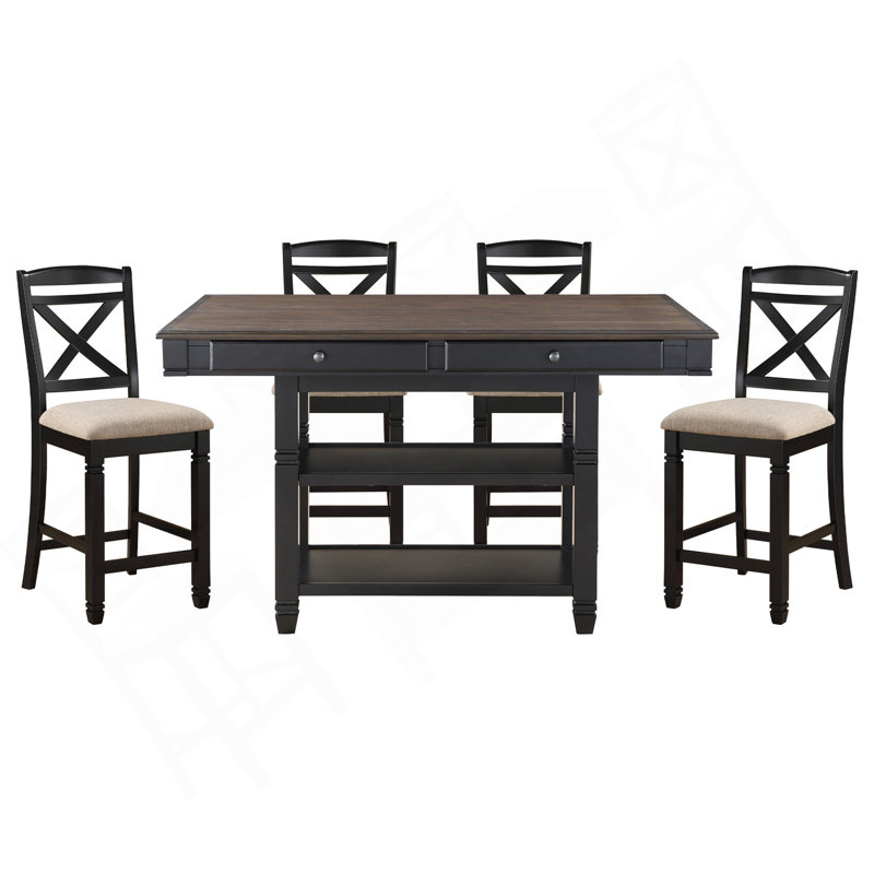 Ensemble de salle à manger à hauteur de comptoir 5 pièces de style transitionnel avec tablettes et 4 chaises à hauteur de comptoir à finition noire