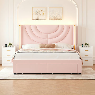 Ensemble de chambre à coucher 3 pièces, lit de rangement avec lumière DEL, 2 tables de chevet avec station de charge