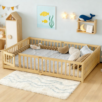 Natural Wood Queen Low-profile Floor Bed With Guardrails
