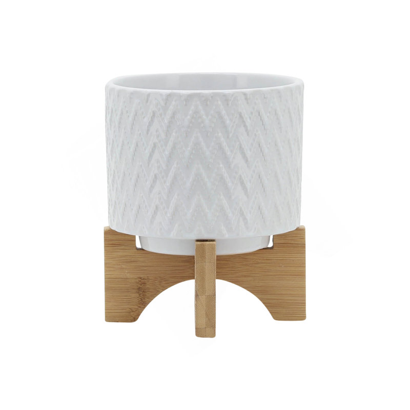 5" CHEVRON PLANTER W/ STAND, WHITE, 8" H x 6" W x 6" D