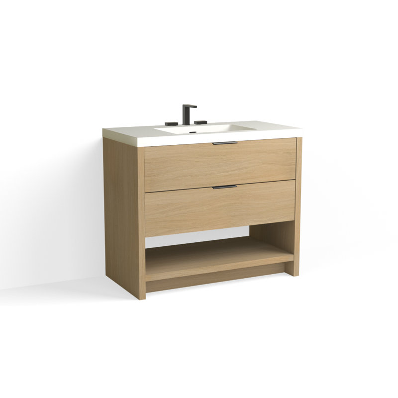 Vue 42" W Freestanding Single Bathroom Vanity, Nimbus, Glossy White/8" Widespread, Matte Black