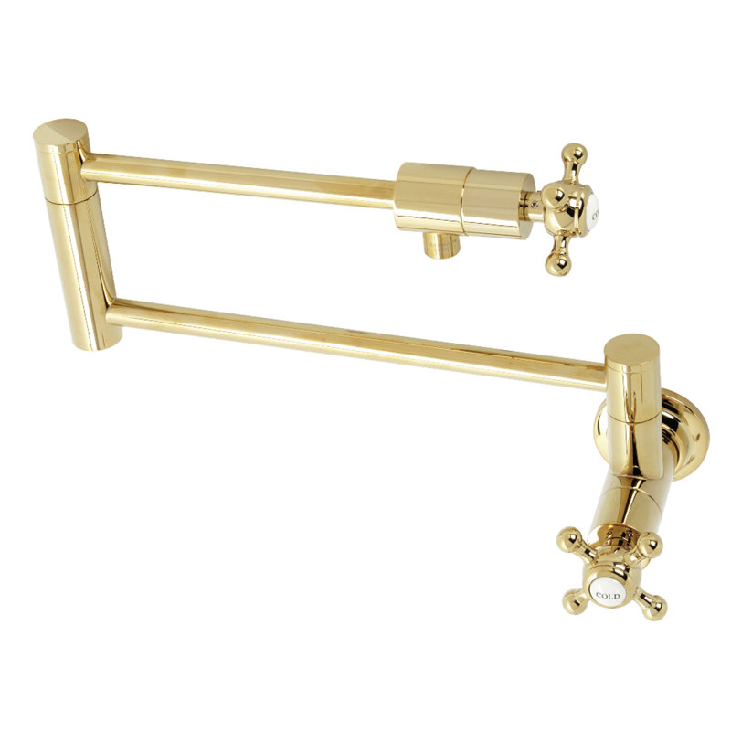 Kingston Brass Manhattan Two-Handle 1-Hole Wall Mount Pot Filler Faucet, Polished Brass, Knob/Round Cross Handle
