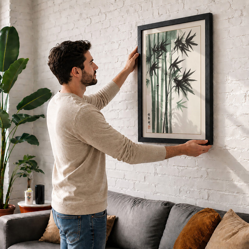 Bamboo in Ink Japandi - Framed Print, A2 - 59.4 x 42.0 cm, Oak