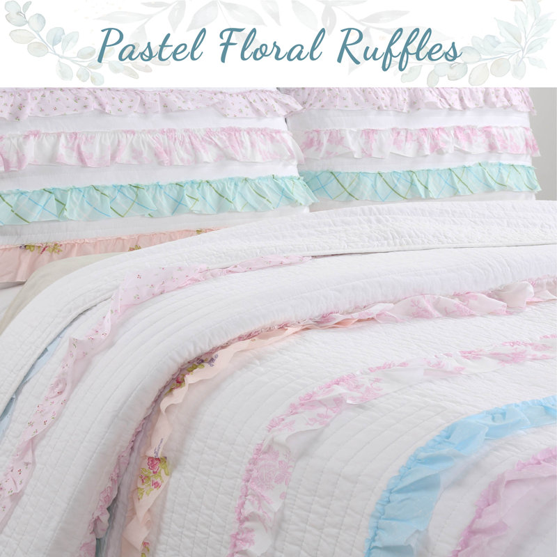 Pink and White Ruffle Reversible Cotton Twin Quilt Set