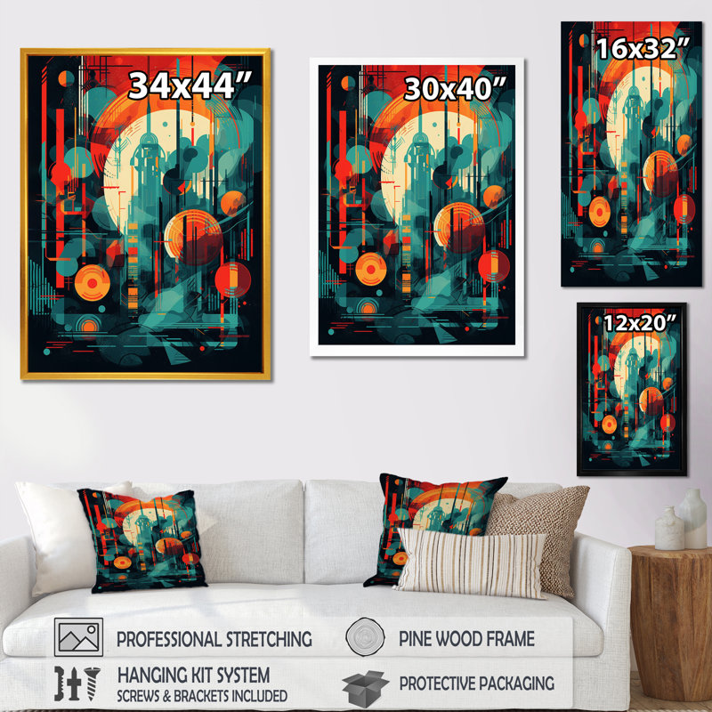 Vert et orange Mid Century Innovations III sur impression sur toile, Encadrement doré, H 32 po x l 24 po x P 1 po