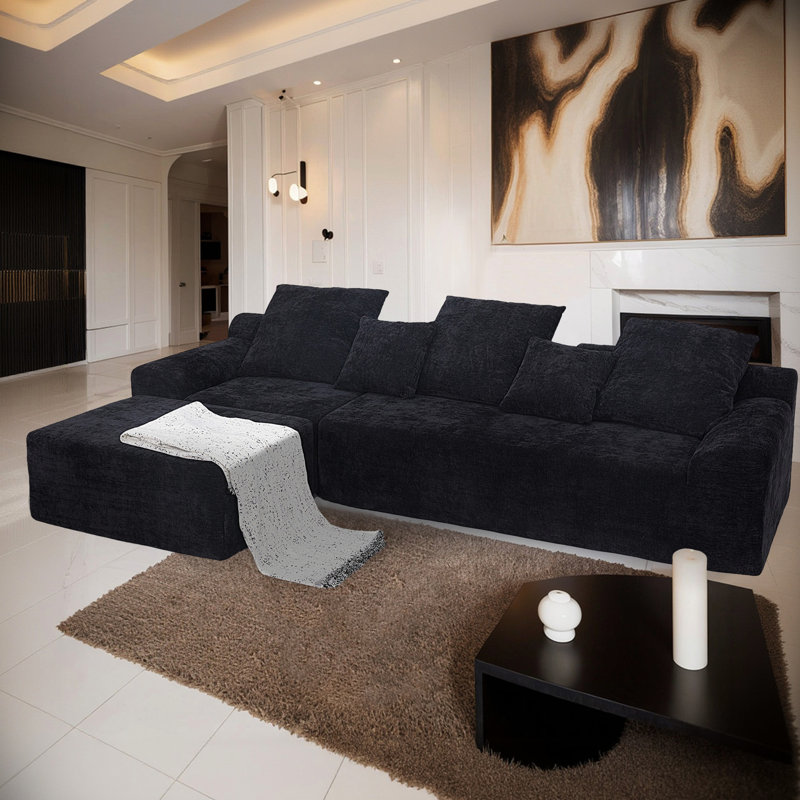 Siège en forme de L de 111,2 po de style américain, revêtement noir, 4 sièges, installation facile et confort moderne avec chenille, adaptable à différentes configurations, base antidérapante, expérience luxueuse