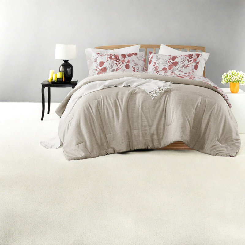 Premium Floral Bedding Set, Microfiber Comforter With Seersucker Texture