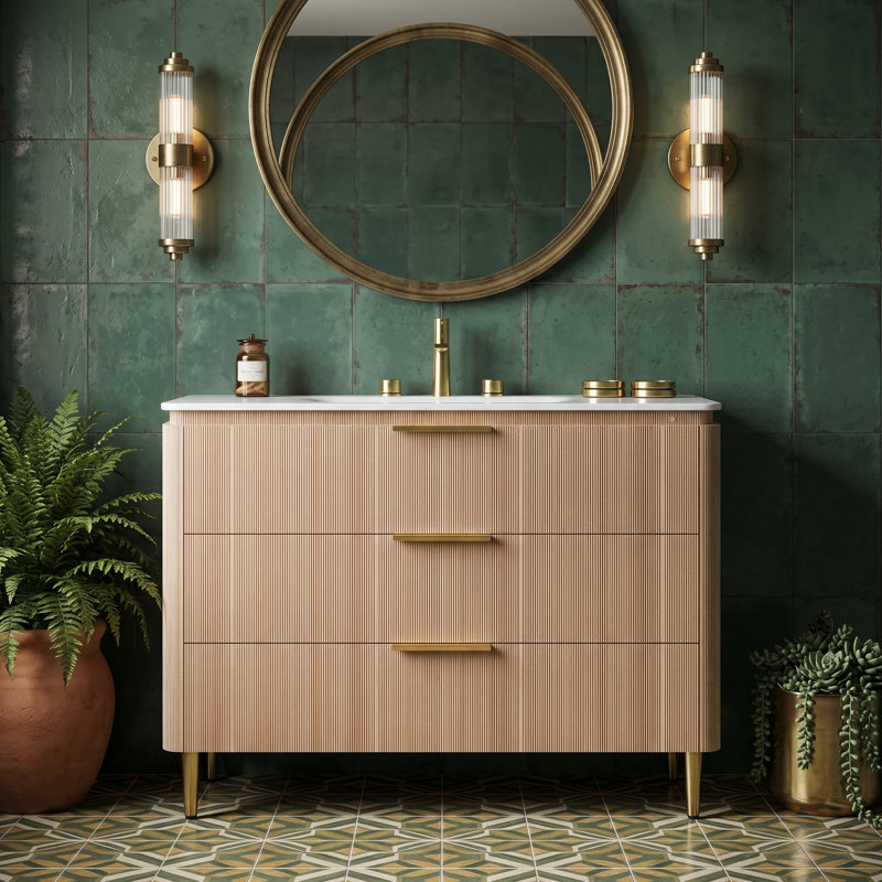 Meuble-lavabo 48 po, meuble-lavabo autoportant à contreplaqué à bordures courbées, 3 tiroirs, lavabo intégré en pierre frittée blanc de Carrare, éclairage DEL à détection automatique, pré-assemblé, couleur grain de bois de chêne clair