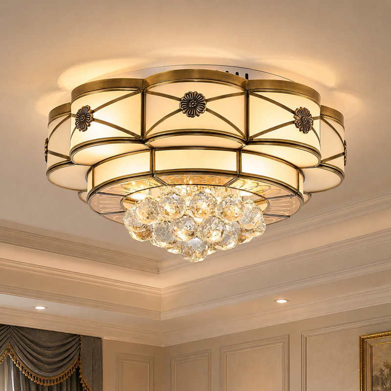 Plafonnier encastré traditionnel 6 lumières avec cristal K9 et finition or antique
