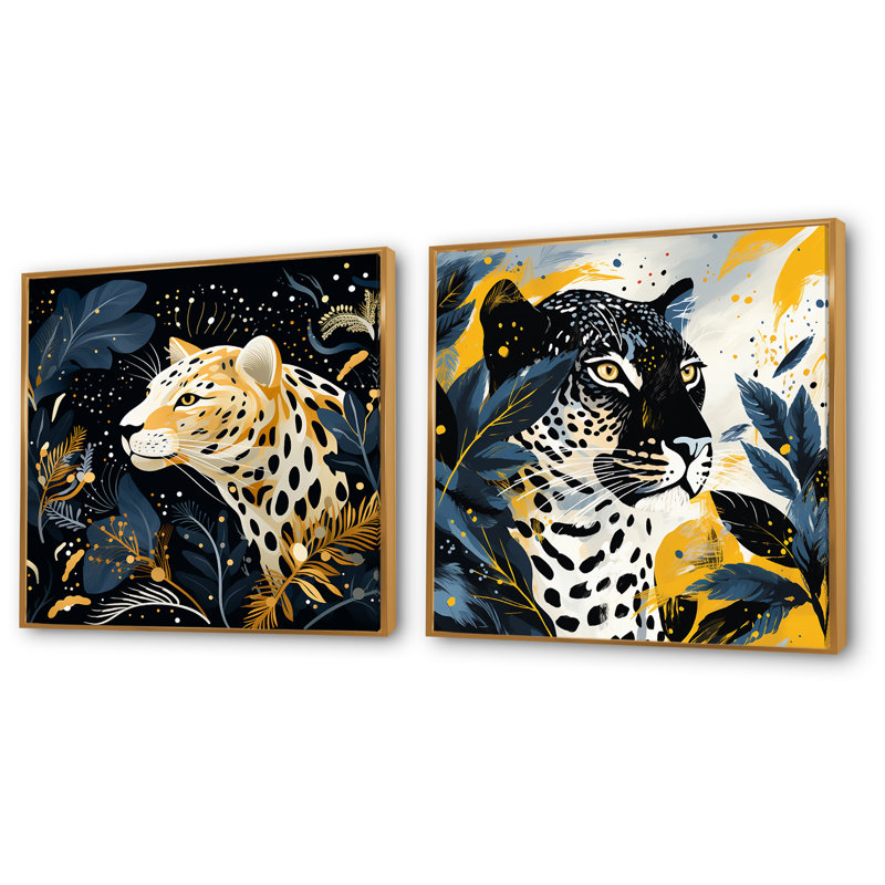 Collage de léopard jaune et bleu I - ensemble de 2 reproductions d'art sur toile léopard, Encadrement doré