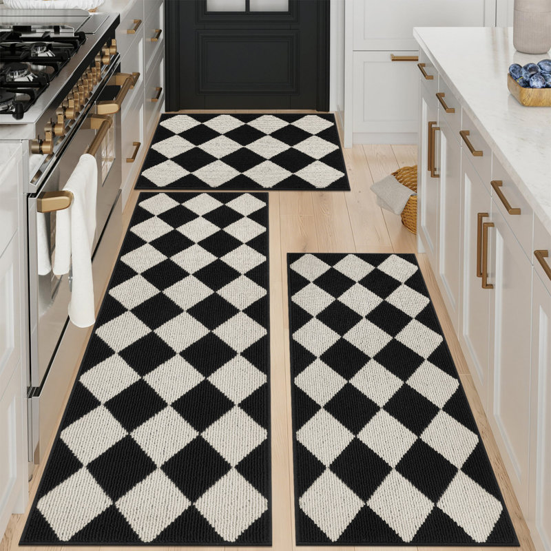 Machine Washable Non-Slip Kitchen Mat, Black/White
