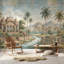 Murale pavillon mughal, paysage tropical, aquarelle, murale rétro-778156875-778156869