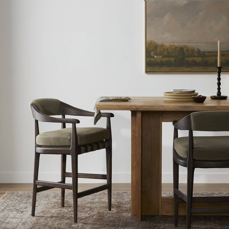 Dane Upholstered Bar Stool with Solid Wood Frame, Broadway Olive Linen