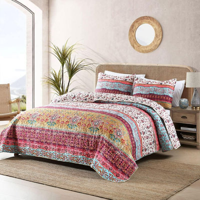 Ensemble de courtepointe Boho pour lit simple / simple TG - Couvre-lit réversible en microfibre à rayures florales avec taie décorative, literie légère toutes saisons