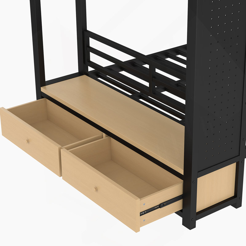 Lit superposé en métal pour adolescents avec tablettes de rangement, tiroirs et panneau perforé, noir, Double