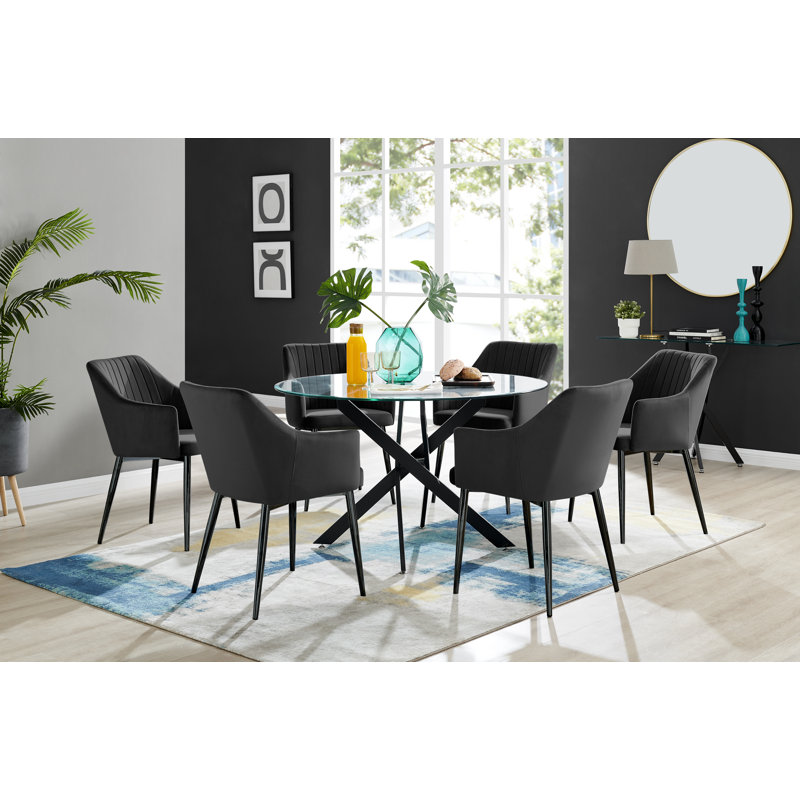 Bernell Modern Chrome Metal & Glass Round Dining Table Set with 6 Luxury Button Velvet Chairs, Black