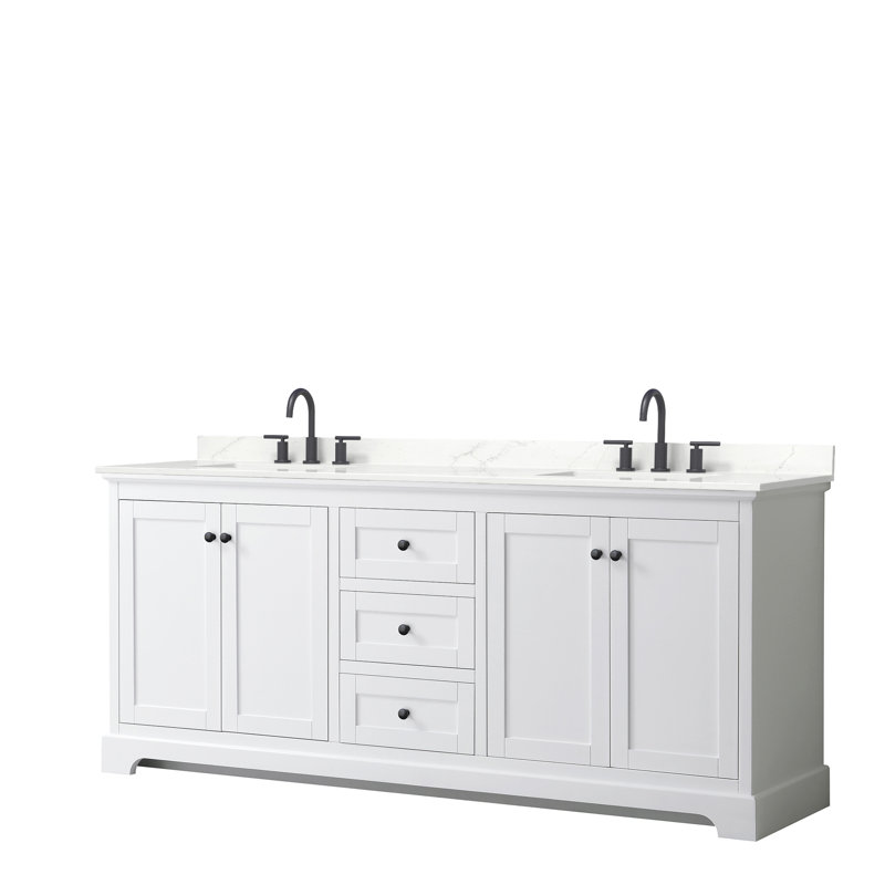 Avery Double Bathroom Vanity with Quartz Top, White Quartz, White, Brushed Gold