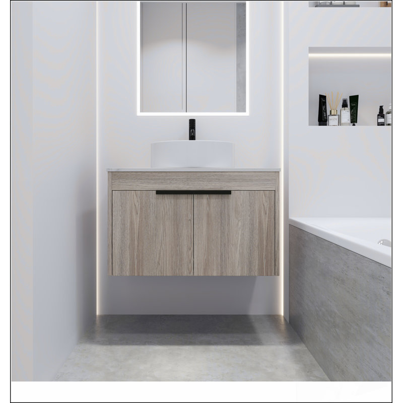 Ensemble de meuble-lavabo moderne de 30 po avec lavabo en céramique, meuble-lavabo mural en chêne blanc avec porte à fermeture douce