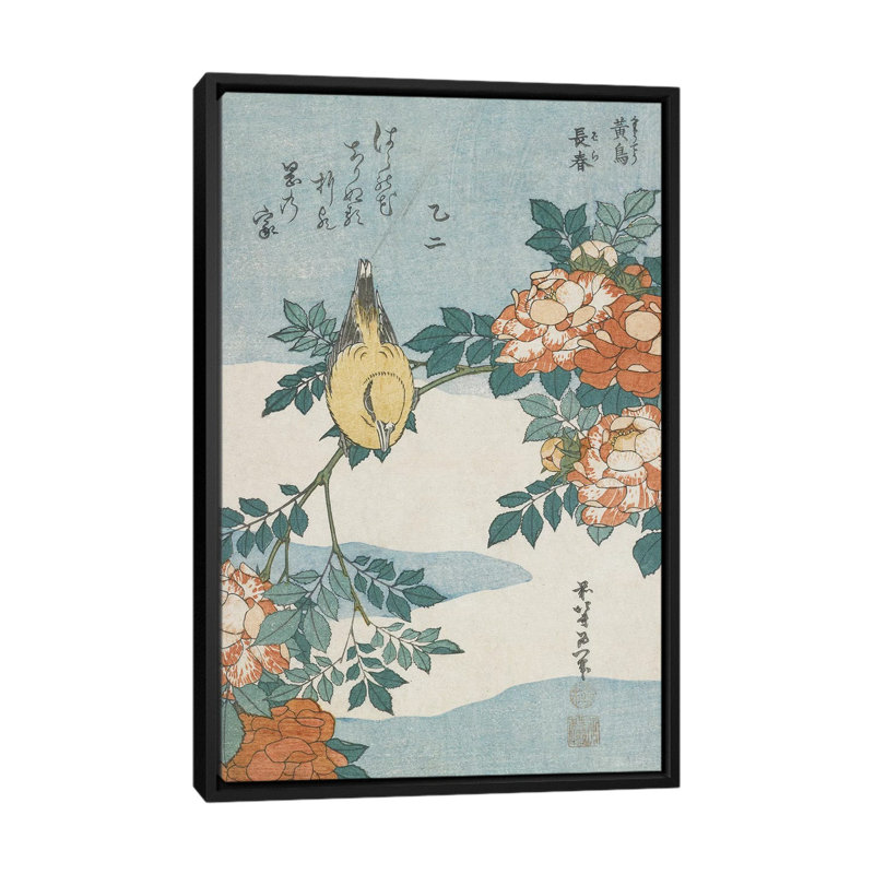 «Black-Naped Oriole and China Rose, c.1833» par Katsushika Hokusai, reproduction d'art sur toile, Toile avec cadre noir