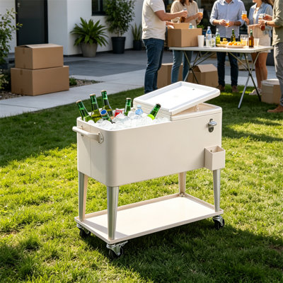 Chariot refroidisseur à roulettes 80 pintes blanc crème avec couvercle divisé, ouvre-bouteille intégré et tablette de rangement, refroidisseur de terrasse pour l'extérieur avec roues