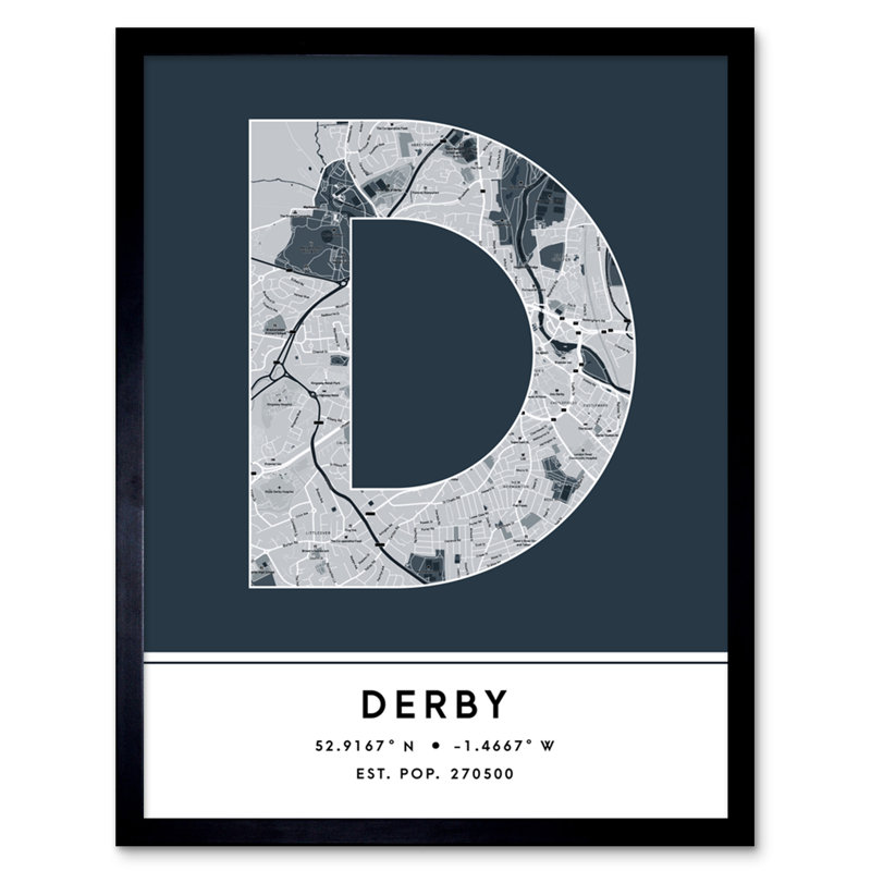 Derby City Map Derby Navy by Wee Blue Coo - Single Picture Frame Typography