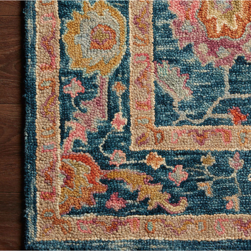 Tapis bleu / brun en laine crocheté à la main Elmsford, Rectangle 3 pi 6 po x 5 pi 6 po