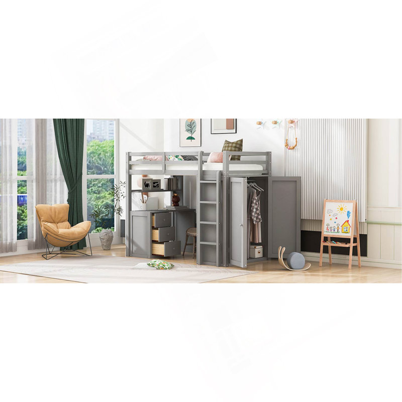Lit mezzanine simple avec tiroirs, bureau et garde-robe gris