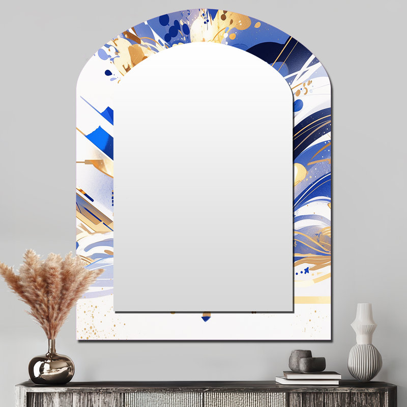 Blue White Cubist Kaleidoscope I - Cubism Asymmetrical Decorative Wall Mirror, Blue Arch Large Mirror, Printed Metal Art