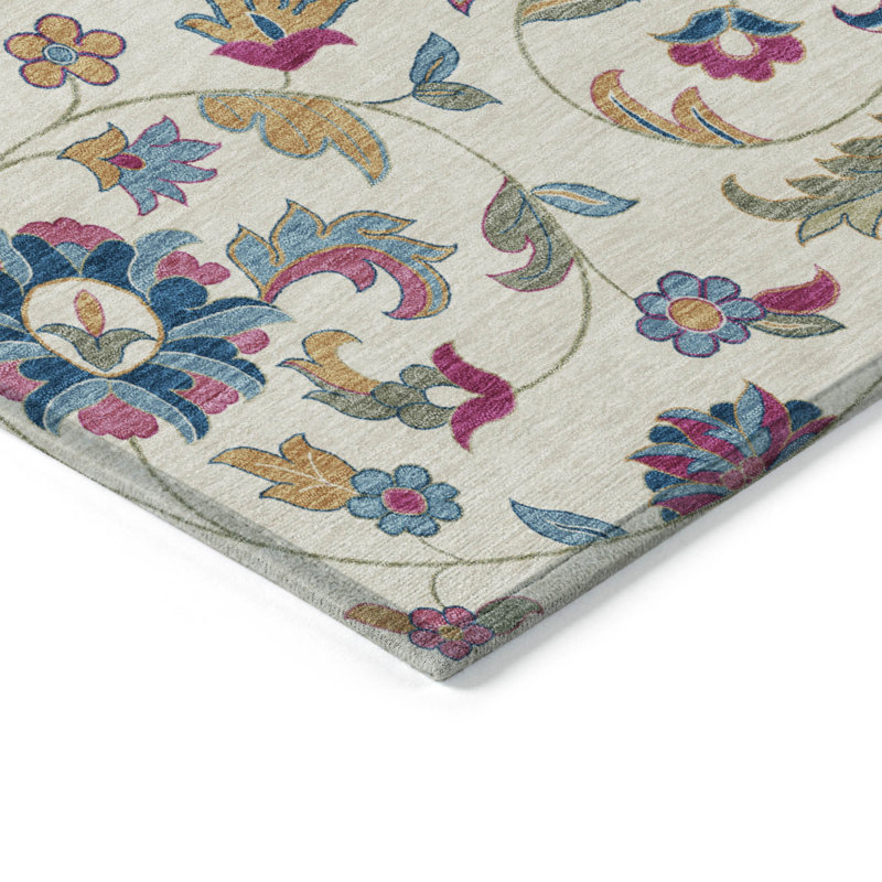 3' X 5' Linen Pink And Denim Blue Floral Washable Indoor Outdoor Area Rug